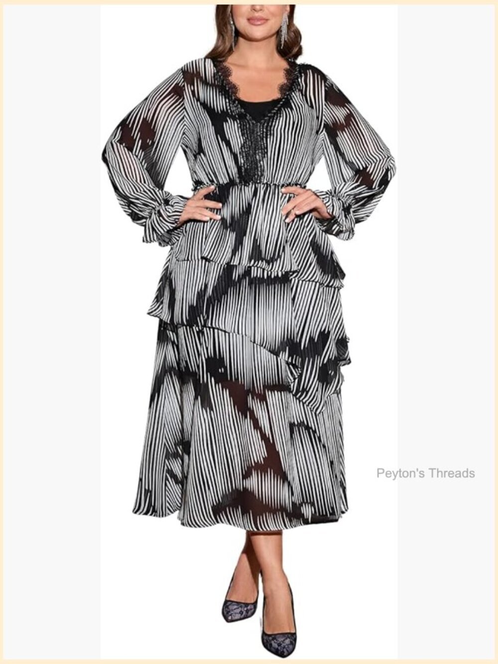 Women's Plus Size Tiered Ruffle Dress - Long Sleeve V-Neck Flowy Maxi Dress for